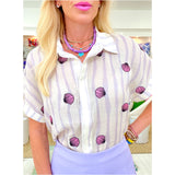 Lavender Squiggle Stripe Embroidered Seashell Linen Kips Bay Top
