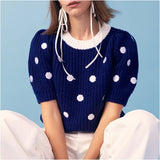 Embroidered Seashell Puff Sleeve Fine Knit Top