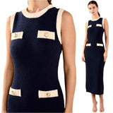 (Preorder) Navy & Ivory Gold Button Knit Sardinia Dress