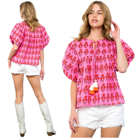 Pink & Red Puff Sleeve Cotton Wendy Top