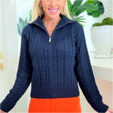 Navy Cable Knit Zip Front Nantucket Sweater