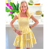 Flutter Sleeve Cabana Stripe Smocked Nantucket Dress w/Tiered Ruffle Hem