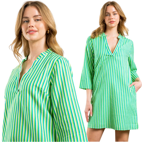 Green & Blue Linen & Cotton Camille Dress w/ Pockets