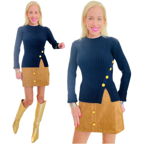 Suede Kiels Skort & Jacket with Gold Button Detail (sold separately)