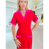 Pink & Red Knit Rison Dress with Gold Button Detail