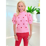 Pink Red Embroidered Hearts Puff Sleeve Cupid Sweater