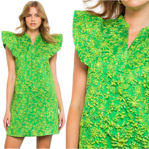 Metallic Green Woven Flutter Sleeve Sadie Shift Dress
