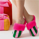 Pink & Green Cabana Stripe Fuzzy Slippers