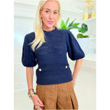 Navy Gold Button Puff Sleeve Hunter Sweater