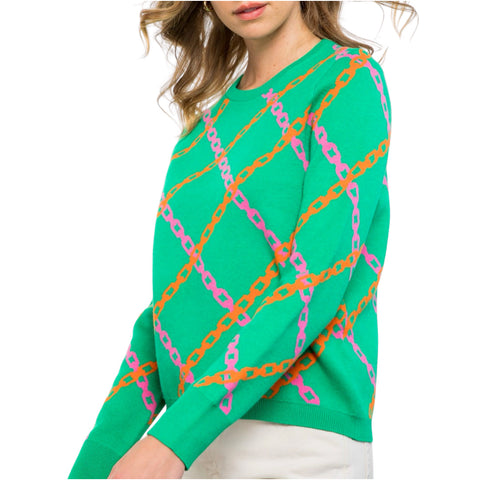 Green Pink Orange Fine Knit Chains Sweater