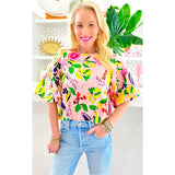 Pink Bubble Sleeve Fruity Top w/Keyhole Back