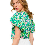 Metallic Puff Sleeve Green Abstract Melanie Top
