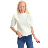 Off White Scalloped Mia Sweater w/ Rhinestone & Pearls