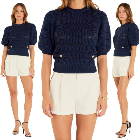 Navy Gold Button Puff Sleeve Hunter Sweater