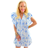 Blue Flutter Sleeve Palmer Shirt Dress w/Pockets