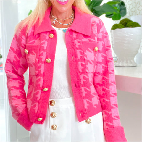 Pink Gold Button Houndstooth Rosalyn Cardigan Jacket