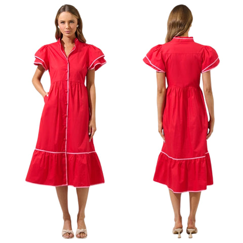 Red + Pink Trim Cotton Davies Dress