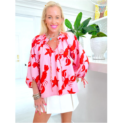 Lobster & Starfish Cotton Bahama Top w/ Adjustable Sleeve Ties