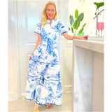 Blue Toile Smocked Waist Janson Dress w/Blue Piping