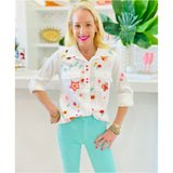 Embroidered Hearts & Floral Soft Lyocell Sketchbook Button Down Top