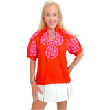 Orange & Pink Embroidered Ruffle Neck Pearl Top