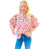 Ruffle Neck Strawberry Block Print Cotton Fields Top