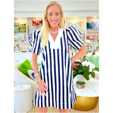 White & Navy Cinched Puff Sleeve Cotton Bar Harbor Dress