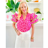 Pink & Green RicRac Kristen Top w/Shirred Ruffle Neck