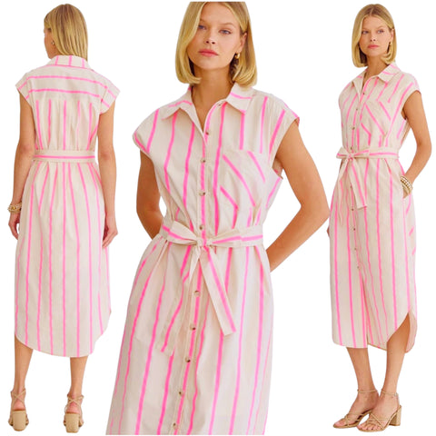 Neon Pink Stripe Cotton Yula Dress w/ Pockets