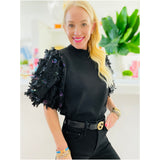 Black Floral Textured Puff Sleeve Hampton Top
