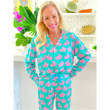 Turquoise & Pink Kissing Bunnies Pajamas w/Contrast Piping
