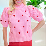 Pink Red Embroidered Hearts Puff Sleeve Cupid Sweater