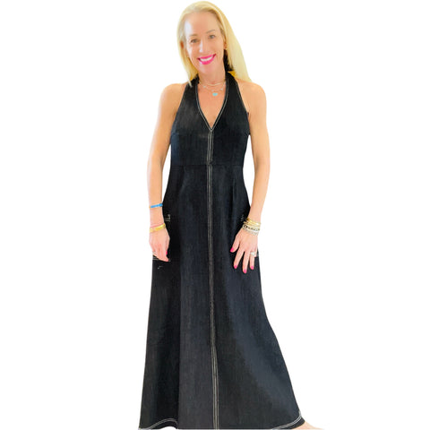 Black Sulema Halter Dress w/ White Contrast Stitching