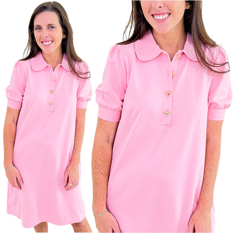 Pink w/ Gold BOW Buttons Knit Eleanor Dress
