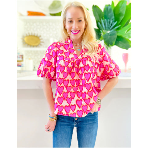 Puff Sleeve Happy Hearts Top
