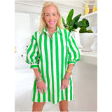 Green Cabana Stripe Pleated Back Cotton Moritz Dress