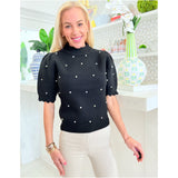 Black Scalloped Mia Sweater w/ Rhinestone & Pearls