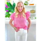 Pink Ruffle Neck Pinstripe Everly Top