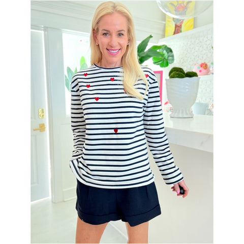 Navy Stripe Embroidered Hearts Terry Knit Chelsie Top