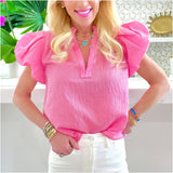 Pink Ruffle Neck Pinstripe Everly Top