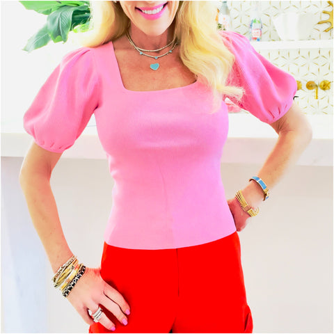 Pink Stretchy Knit Puff Sleeve Livvie Top