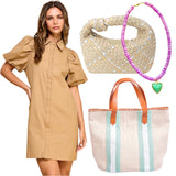 Khaki Puff Sleeve Kiki Dress