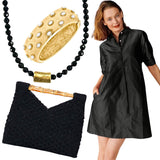 Black Dupioni Silk 5th Ave Shift Dress w/Pockets