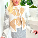 Embroidered Argyle Knit Tank & Gold Button Cardigan Jacket