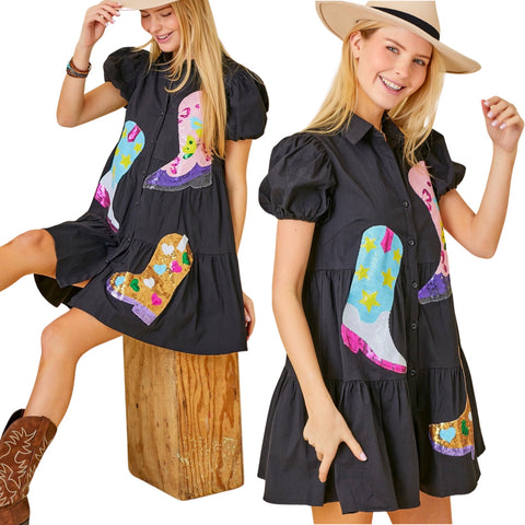 Sequin Hearts & Stars Cowboy Boot YeeHaw Dress