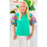 Embroidered Ruffle Neck Opal Top