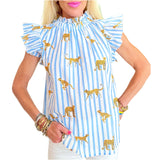 Blue Circus Stripe + Cheetah Cotton Flutter Sleeve Siggy Top