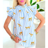 Blue Circus Stripe + Cheetah Cotton Flutter Sleeve Siggy Top