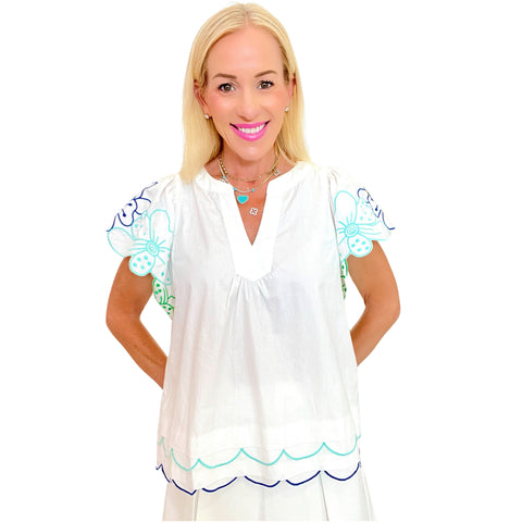 Scalloped Floral Embroidered Cotton Dara Top