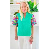 Embroidered Ruffle Neck Opal Top